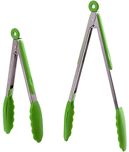 HiramWare Juego de 2 pinzas de cocina de 9 pulgadas y 12 pulgadas, pinzas de acero inoxidable con puntas de silicona, pinzas antiadherentes de bloqueo premium para cocinar, barbacoa, parrilla,