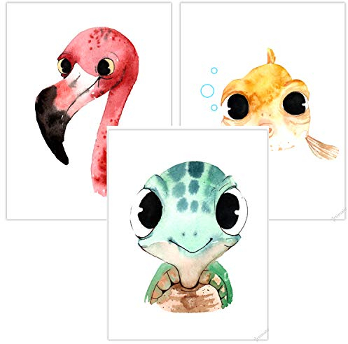 Timalo® 3er Set Bilder Poster Deko Kinderzimmer Babyzimmer | Dekoration Mädchen Junge | t3er01-t000-A4 | Tiere Flamingo Fisch Schildkröte