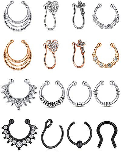 incaton Anneau de Septum en Acier Inoxydable Faux Piercing Septum No-Piercing 16pcs Argent Noir Or Rose
