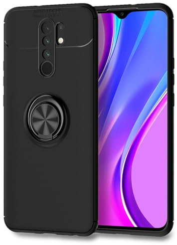 NALIA Housse avec Bague Compatible avec Xiaomi Redmi 9 Coque, Silicone Case avec 360-Degres Anneau Rotatif, Support de Voiture Magnetique, Anti-Choc Cover Kickstand Bumper, Couleur:Noir