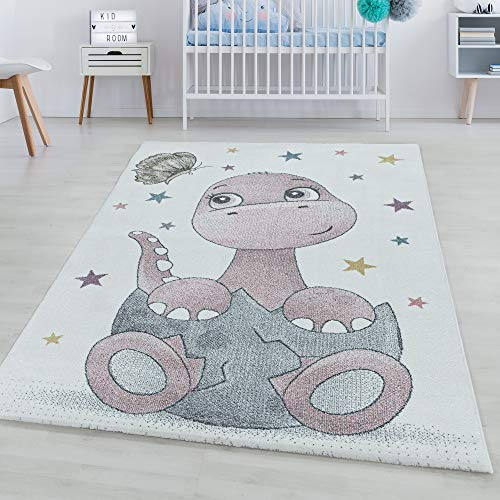 SIMPEX KinderTeppich, Dinosaurier Design, Teppich Rosa, 200 x 290 cm, Teppich für Kinder, Teppich Kinderzimmer