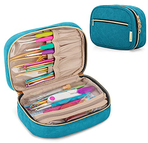 Yarwo Crochet Hook Case Travel Organiser Bag for Crochet Hooks, Teal | 4 slots, transparent zipper pocket, peach skin fabric, gold zipper, TPU stain-resistant lining, holds brushes up to 18.5cm