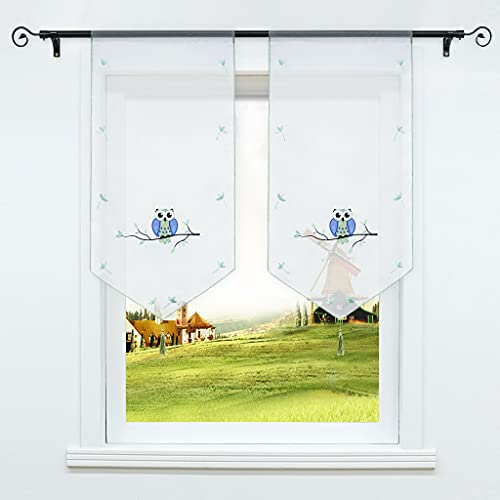 CORLIF Voile Scheibengardine mit Tunnelzug küche transparente Bestickte Bistrogardine mit Quaste Fenster Gardinen Eule Muster BxH 40x90cm Grün 1 Stück