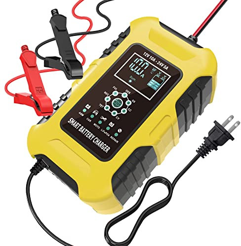 Foxwer 10-Amp Motorcycle & Car Battery Charger,12V and 24V Pulse Repair Charger,Trickle Battery Quick Charger & Maintainer for Truck ATV Lawn Mower Tractor SLA AGM Gel Wet Lead-Acid LiFePO4 Battery