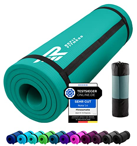 REFIT FITNESS Gymnastikmatte Profi 190 x 60 x 1.5 cm Moosgrün PainProtect SmartCell NBR rutschfeste Yoga Matte Pilates Sport Gymnastik Yogamatte 15 MM Sportmatte Tragegurt Tasche