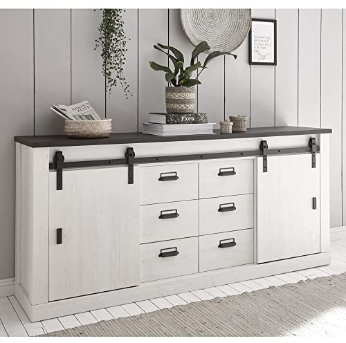 Sideboard Kommode in Pinie weiß Nb. mit anthrazit, B/H/T: ca. 201/91/43 cm
