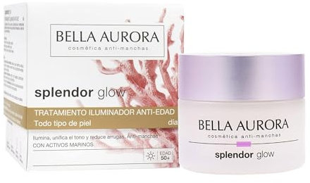 BELLA AURORA Crema Iluminadora Facial Antiedad, Antiarrugas y Antimanchas, Sérum Revitalizante Facial, Reduce las Arrugas, Splendor Glow Día 50 ml, Blanco