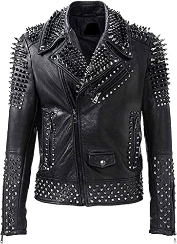 MAXDUD Herren Brando Spikes Nieten Rock Punk Motorrad Schwarz Biker Lederjacke, Schwarz - Echtleder, XL