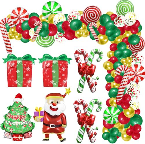 Globos de Navidad, globos de confeti rojo, verde y dorado, globos de caramelo, globo de Papá Noel, globo de árbol de Navidad para decoraciones navideñas, (93 piezas)