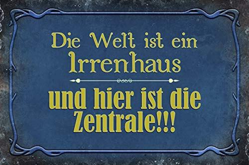 DekoDrom® Motiv Holzschild 20x30 cm Die Welt ist ein Irrenhaus und Hier ist die Zentrale Lustig Spruch Tafel Dekoration Bar Kneipe Sammler