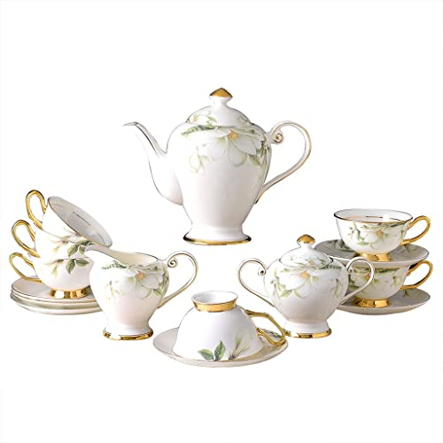 RAZZUM 15 Stück Fine Royal Golden Line Aufkleber Keramik Teeservice Lilie Blume Knochenporzellan Kaffeeservice Porzellan Teekanne Teetasse und Untertasse Geschenk Küchengeräte