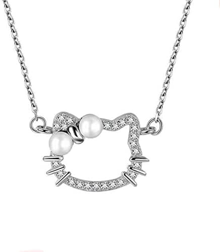 Wendalern Diamond Cat Necklace Sterling Silver Cute Pearl Cubic Zirconia Kitten Pendant Necklace Funny Cartoon Animal Cat Necklace Chain Jewelry Gifts for Women Teen Girls, 3.0 grams, 1.0 count