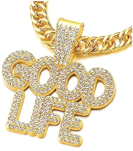 COOLSTEELANDBEYOND Herren Damen Iced Out GOOD LIFE Anhänger Halskette Pave Strass, Goldfarbener, Bling Bling Rapper Schmuck