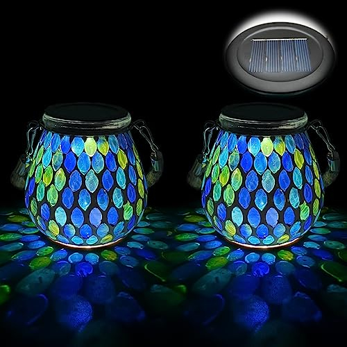 TOTHDATE 2PCS Solar Mosaik Leuchte Oval für Außen, On/Off Glas Mosaik Hängend Licht Solarlaterne Tischleuchte IP65 Wasserdicht für Rasen Pfad Hof Deck Boden Teich, Blau Mosaik Licht