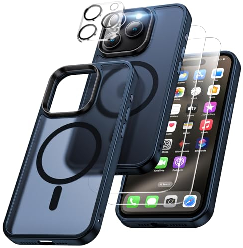 XINKAE Funda iPhone 15 Pro MAX Protección 4 en 1, 1 Funda Magnética iPhone 15 Pro MAX +2 Protector Pantalla y 1 Protector Lente Cámara, 360° Carcasa Antigolpes Mate –Azul Oscuro