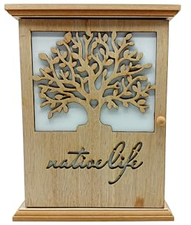 Boîte à clés avec motif arbre de vie - décoration d'entrée - avec 6 crochets - en bois - naturel/blanc