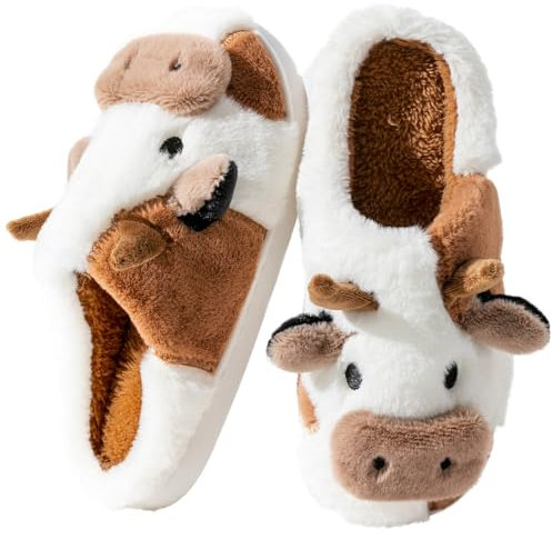 Fadezar Zapatillas de Casa Muje Hombre Pantuflas Tiburon/Vaca Cálido Espuma de Memoria Peluche Zapatillas de invierno Muje Cafe Blanco EU 39-40 (Talla de suela 40-41)