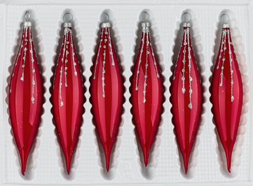 Navidacio 6 TLG. Glas-Zapfen Set in Hochglanz Rot Silber Regen - Edle Neuheit - Christbaumkugeln - Weihnachtsschmuck-Christbaumschmuck