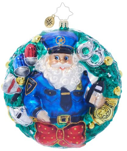 Christopher Radko Handgefertigter europäischer Glas-Weihnachtsbaum-Dekoration, Polizei-Weihnachtsmann-Kranz