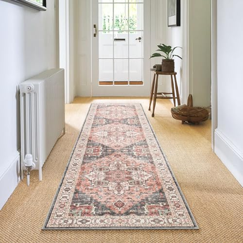 Carvapet Tapis de Couloir Long 60x240cm Tapis de Passage Lavable Antidérapant Doux Microfibre Vintage Médaillon Rose Tapis de Salon Chambre Cuisine