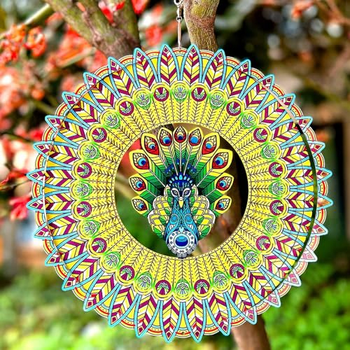 DLNNBKB Windspiel, Pfauen, Metall, kinetische Kunst, 30,5 cm, 3D-Edelstahl, Geschenke für Damen und Herren, Skulptur, Ornamente, hängende Spinner, Innen- und Außenbereich, Hof, Gartendekoration