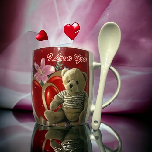 GMM Tazza I Love You in Ceramica con Cucchiaino Idea Regalo per San Valentino, Regalo per Lui/Lei Tazza con Cuori e Orsetto