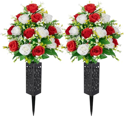 Raxfekro 2 Sträuße Künstliche Friedhofsblumen mit Vase, Künstlicher Rose Blumenstrauss für Friedhof Grab Deko Grabschmuck(Red&White)