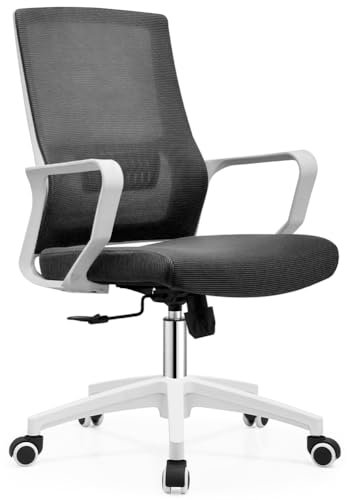 Shally Dogan Sedia da Ufficio Ergonomica Girevole con Supporto Lombare, Poltrona da Scrivania, Studio, Cameretta, Reclinabile con Altezza Regolabile, Base Bianca Robusta, Schienale Antisudore (Nero)