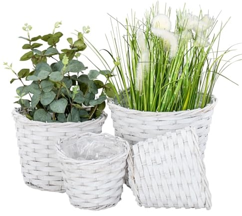 levandeo 4er Set Pflanzgefäß Weide H15-19cm Weiß Garten Pflanzkorb Weidekorb Shabby Chic Vintage Blumenkübel Pflanzkübel Blumenkorb Boho Deko