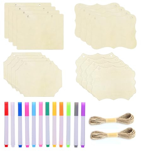 16 pezzi di targhe in legno, 2 pezzi di corda di canapa, 12 pennarelli colorati, trucioli di legno appendibili di varie forme, targhe per porte in legno, targhe bianche per il fai da te, targhe in
