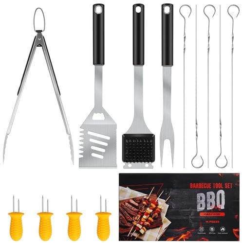 Stainless Steel Grill Tools Kit - 4-in-1 BBQ Spatula, Fork, Tong, Grush, 17-in Long Skewers, Silicone Corn Holders - Grilling Gift Set for Men and Women