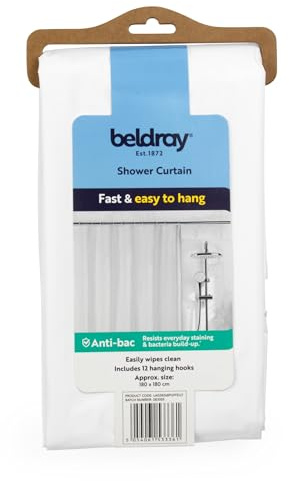 Beldray Anti-Mould Shower Curtain 180 X 180 Cm, White | Waterproof PEVA Material, Easy Wipe Clean Surface, Anti-Bacterial Treatment, Includes 12 Hooks, Fits Most Showers And Baths