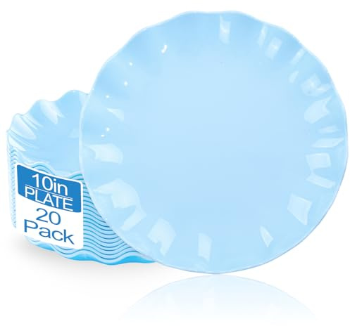 LIYH 20 Pcs 10 Inch Light Blue Plastic Plates Reusable - Unbreakable Scalloped Dinner Plates for Baby Shower Party Outdoor Picnics Dishwasher Safe BPA Free