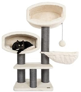 Bontoy Kratzbaum Emma Creme 121 cm I XXL Stämme 15cm Durchmesser I 2 größe Höhlen mit Kissen I 1 große Hängematte I sehr Stabil Bauweise I großer Spielball am Seil I auch für große Katzen