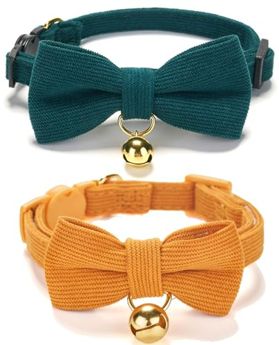 YUDOTE Ultra-Soft Cat Collars, Small 19-28cm, Green & Orange 2 Pack | Natural cotton corduroy for felines with sensitive skin, safety quick-release clasp, removeable bow and bell, adjustable fit