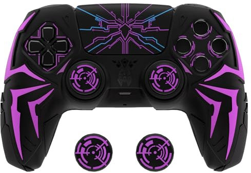 PlayVital Funda de Silicona para ps5 Mando - Diseño Cyber Spider, Antideslizante y Antigolpes, Incluye 2 Agarre de Pulgar y 6 Stickers, Compatible con ps5 Estación de Carga Oficial (Negro & Violeta)