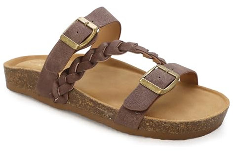 YOKI GIAN-272 Damen Korkboden Doppelschnalle Sandale mit geflochtenem Riemen, Damensandalen elegant, Sommersandalen für Frauen, Braun, 38 EU