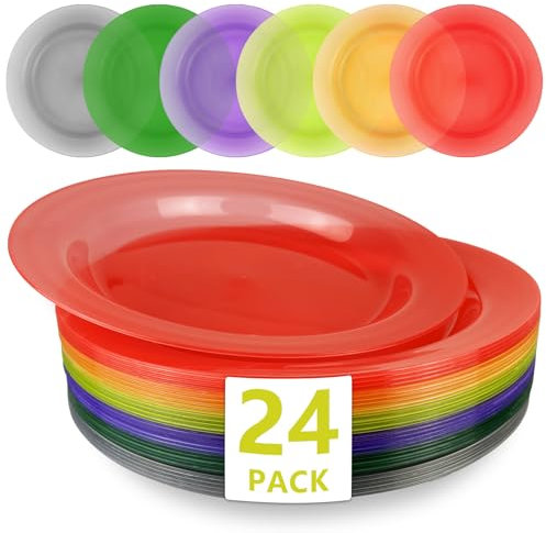 WAIZHIUA 24Pcs Reusable Plastic Plates Set - 10 Inch/25cm Unbreakable Dinner Plates, Microwave & Dishwasher Safe, 6 Vibrant Colors for Party, Kids, Dessert, Pasta, Salad, Snack & Fruit (24)