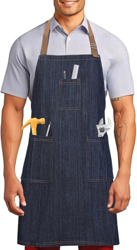 Arbeitsschürze aus Blauer Jeans mit Taschen für Damen Herren Professionelle | Robuste Jeansschürzen für Männer, Verstellbare Kochschürze Friseur Schürze für Barista Kochen Gartenarbeit BBQ Restaurant