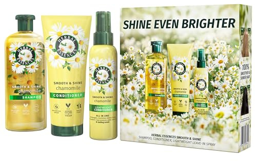 Herbal Essences Smooth & Shine Chamomile Giftset: Shampoo + Conditioner + Lightweight Leave-in Conditioner Spray (Hair Perfume) | Detangle, Nourish, Tame Frizz, Repair, Add Shine & Lasting Scent