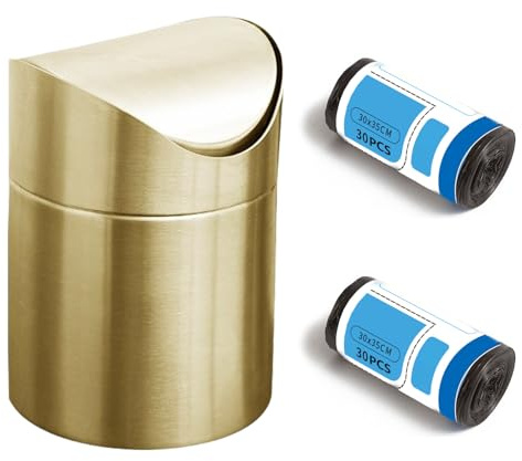 Papierkorb, Desktop Mini Mülleimer Edelstahl Tischabfalleimer mit Deckel | Gold Papierkorb Schwingdeckeleimer Kleiner Eleganter Tisch Abfallkorb für Zuhause Büro Küche Schlafzimmer Badezimmer