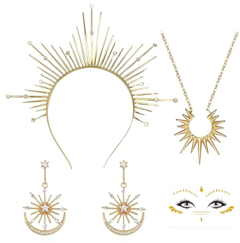 SANLIUSANJIU Griechische Göttin Kostüm Zubehör - Haarreif, Sonne, Halskette, Ohrringe, Gesichtsaufkleber - Damen, Sonnengöttin Kostüm - Karneval, Tanz, Hochzeitskostüm