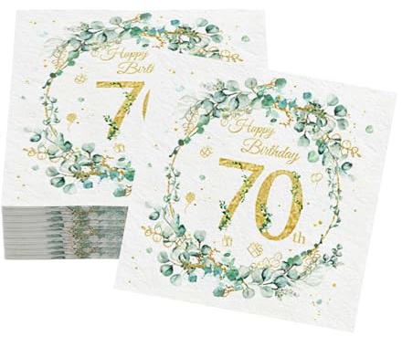 40 Stück Servietten, 70 Geburtstag Servietten, Eukalyptus Gold Grün Tisch Deko 70 Geburtstag Frau Mann, Geschenke zum 70. Jahre, Party Tischdekoration Papierservietten (70th)