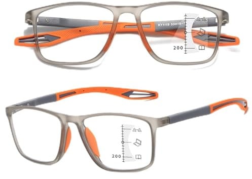 Selbsttönende Gleitsicht Lesebrille Gleitsichtbrille Progressive Multifokus Blaulichtfilter Photochrome Herren Damen TR90 Federscharnier(Grey/Orange,2.5 x)