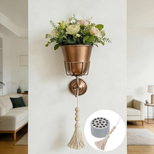 WRYLCYH Metal Wall Vase for Flowers with Hook, Gold Wall Mounted Vase