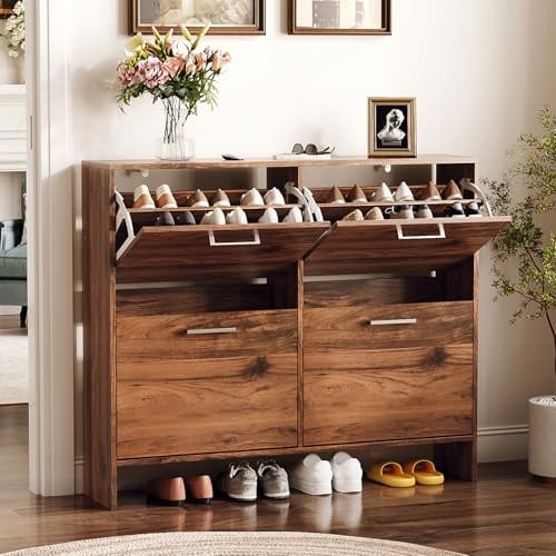 Bonnlo Meuble à Chaussures 4 Portes Abattantes, Meuble Rangement Chaussures pour 16-24 Paires, Armoire à Chaussures 106.5 x 24 x 90 cm, pour Entrée et Couloir (Couleur Noyer)