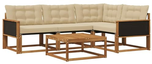 vidaXL Outdoor-Sofagarnitur mit Kissen 5 pcs Natur und Beige, Moderne Garten-Sofa-Garnitur, langlebige Möbel, schicker Akazienholz-Sitz, Bequeme Terrassen-Lounge