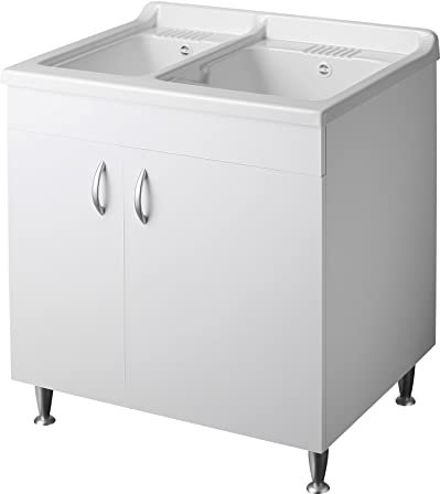 Negrari Eco Bianco Lavatoio 75x60 L75 P60 H85 CM Lavapanni Interno Lavanderia Base Mobile Nobilitato Idrofugo Legno 2 Vasche Lavandino Plastica Asse Piedini Ante Battenti Economico Qualità Medio Alta