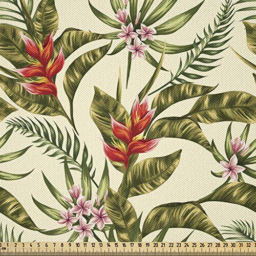 ABAKUHAUS Blatt Satin Stoff als Meterware, Romantische Aloha Vintage, Zum Nähen Toller Stoff für Heimtextilien Aller Art, 3M (148x300cm), Hellgelb Grün braun
