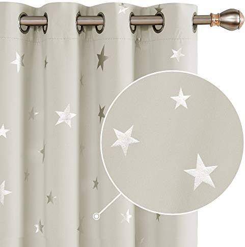 Deconovo Gardinen Verdunkelung für Schlafzimmer Thermo Vorhänge mit Ösen Vorhang mit Muster Sterne, 138x117 cm(HöhexBreite), Hellbeige, 2er Set